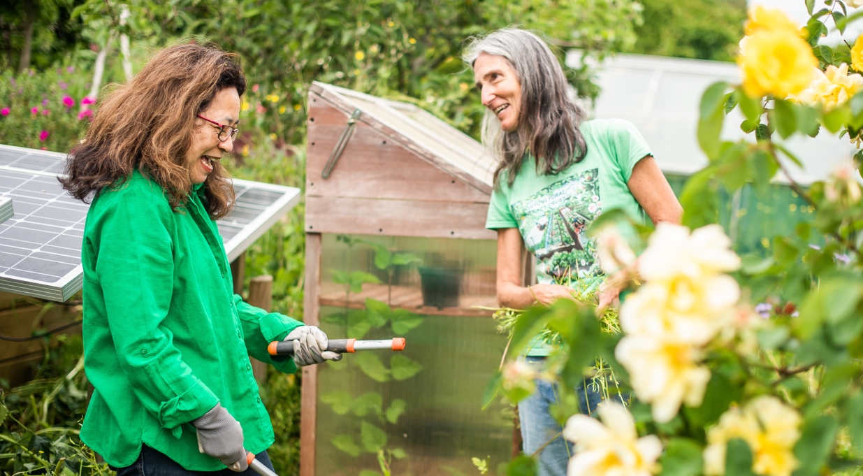 Deb with a volunteer at the allotment 