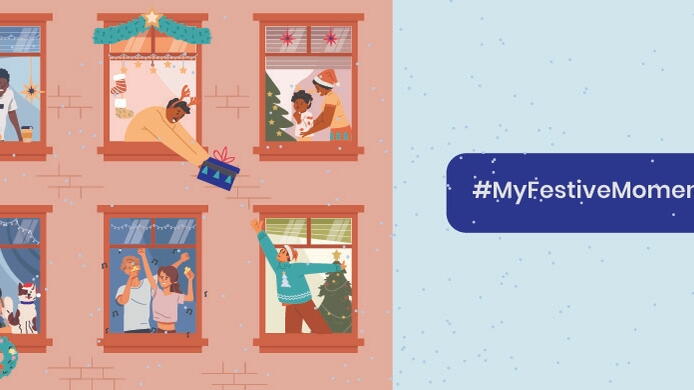 Illustration showing different festive activities happening through house windows.