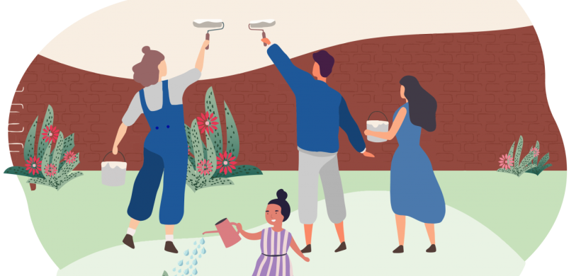 community painting a wall and watering flowers