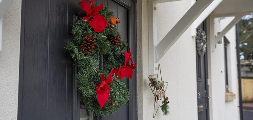 Festive wreath on door