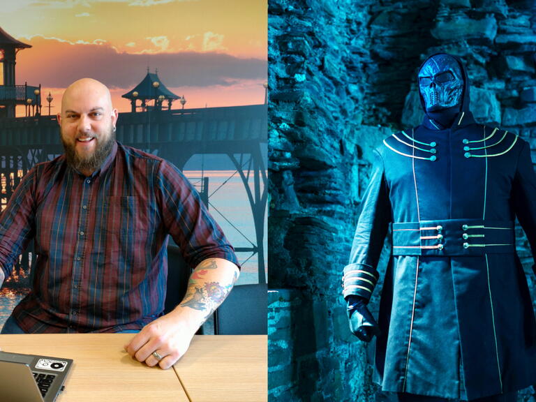 Jonny, a large, bearded man smiles at the camera, next to a photo of him appearing as Passenger.
