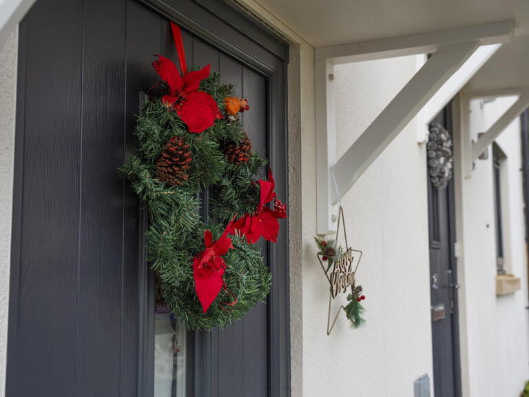 Festive wreath on door