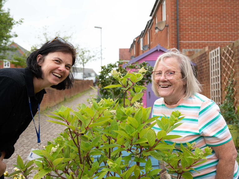 A LiveWest resident alongside our Community Connector, Shona Stone, at the community garden in Yeovil.
