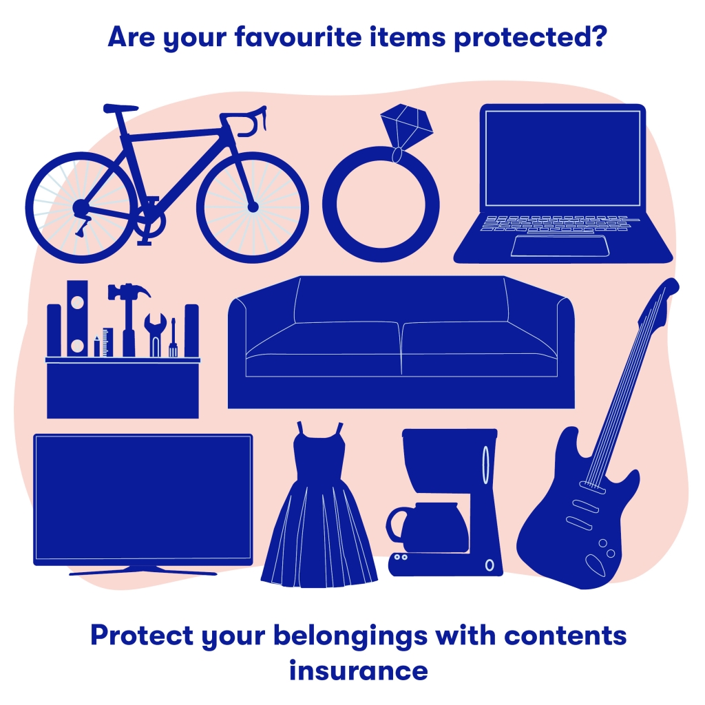 Graphic with different possessions like a guitar and laptop. Text reading: Are your favourite items protected? Protect your belongings with contents insurance.
