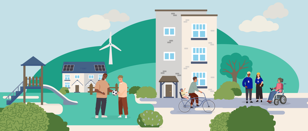 A LiveWest branded illustration of a community scene, including homes and residents