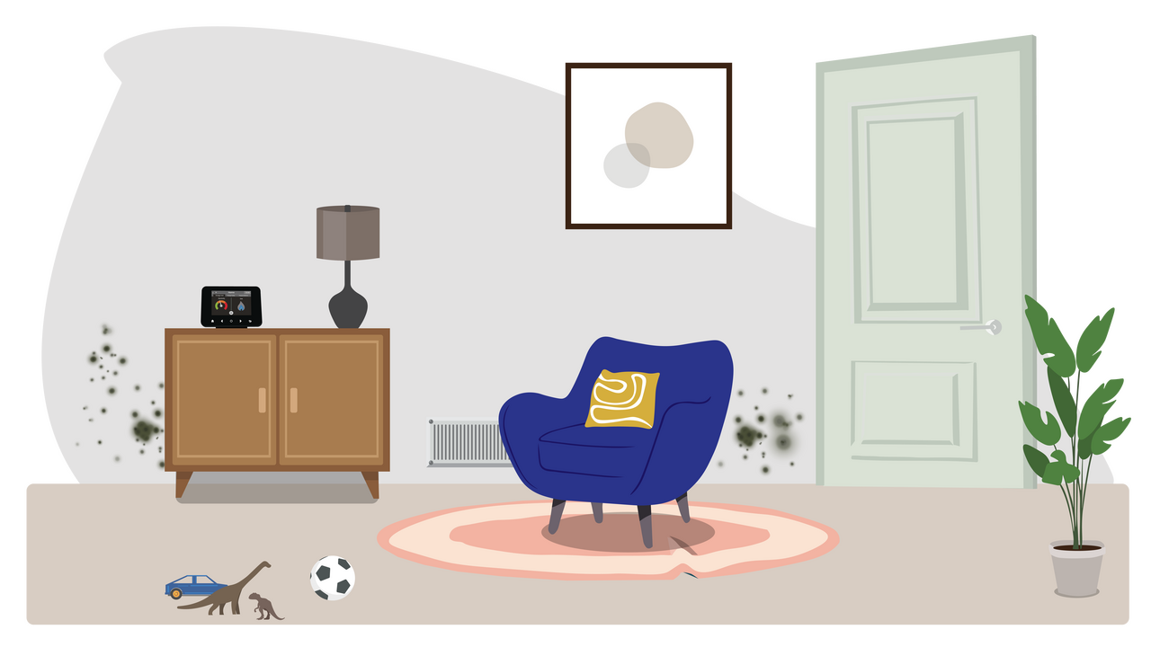 Image shows an illustrated scene of a lounge with mould on the wall