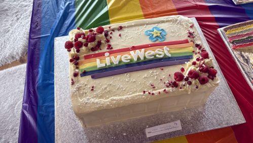 Pride cake with LiveWest logo