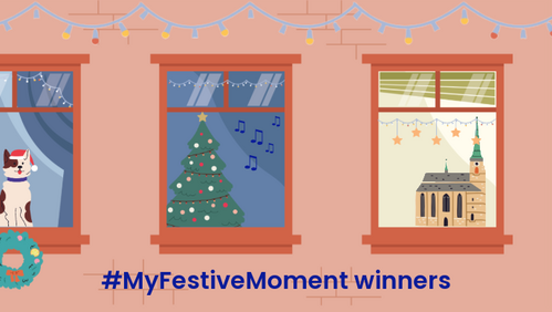An illustration demonstrating three festive traditions in the windows of a home.
