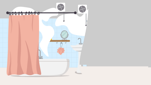 Illustrated scene of steam leaving a bathroom window.